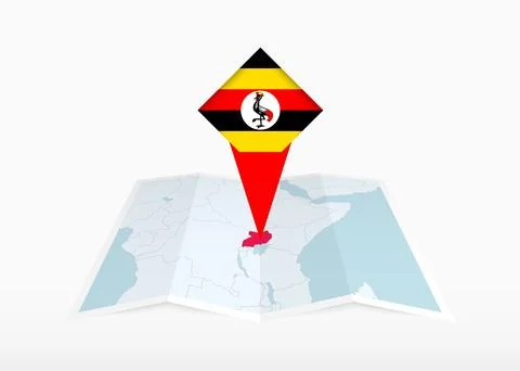Uganda is depicted on a folded paper map and pinned location marker with fl.. Stock Illustration