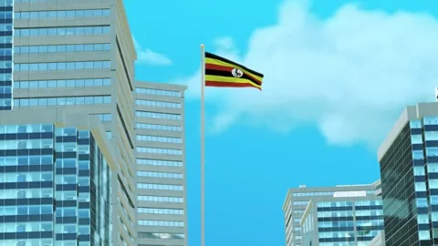 Uganda Flag 3D Render Animation with Urban Architecture and Clear Blue Sky Stock-Footage 332946144
