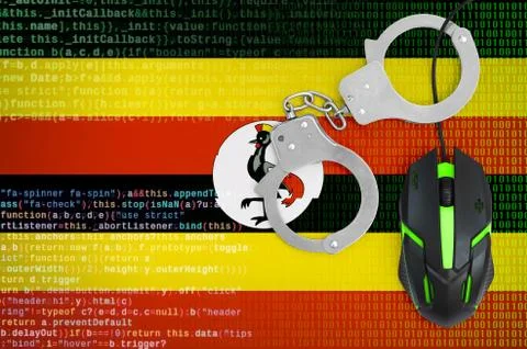 Uganda flag  and handcuffed computer mouse. Combating computer crime, hackers Stock-Fotos