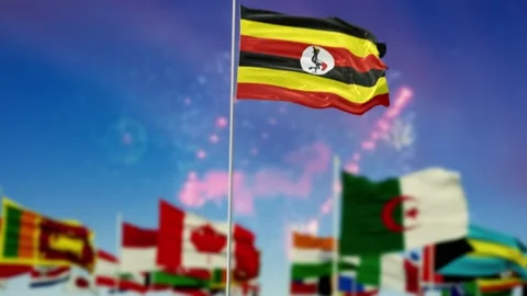 Uganda Flag With Flags Of The World And Fireworks Moring And Night 3D Rendering Stock-Footage 149960203