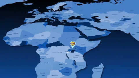 Uganda flag icon GPS location tracking animation on earth map Stock Footage 207581076