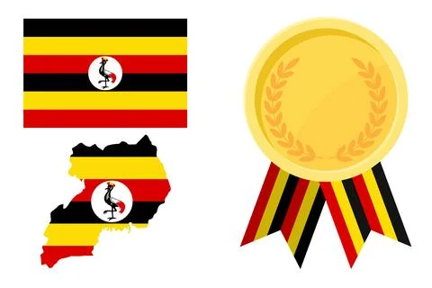 Uganda flag with map and gold medal in set for web and banners or app and gam Stock Illustration