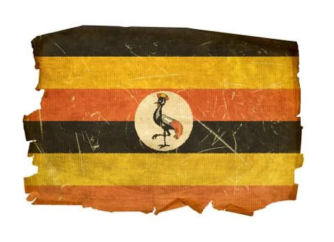 Uganda flag old, isolated on white background. Stock Photos