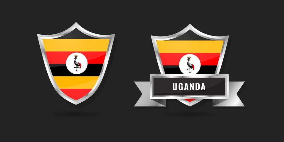 Uganda Flag Shield and Silver Ribbon Banner Vector - Ugandan National Symbo.. Illustrazione stock