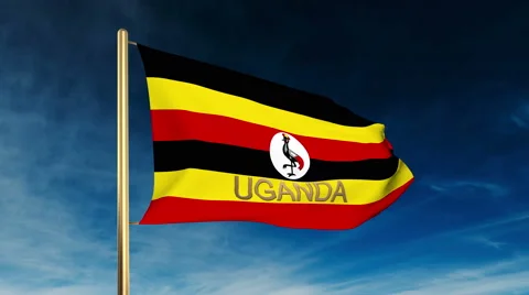 Uganda flag slider style with title. Waving in the wind with cloud background Video stock 48914768