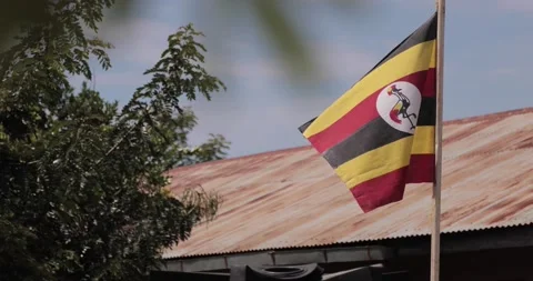 Uganda Flag waving on blue sky.The flag of Uganda is the national flag of Uganda Stock Footage 146463466