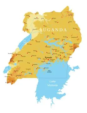Uganda highly detailed physical map Stock Illustration