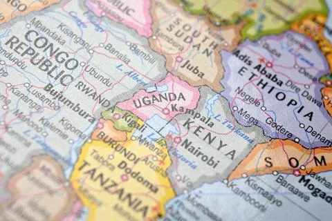 Uganda Macro World Map Defocused Bokeh Background Close Up Geographic Image Stock Photos