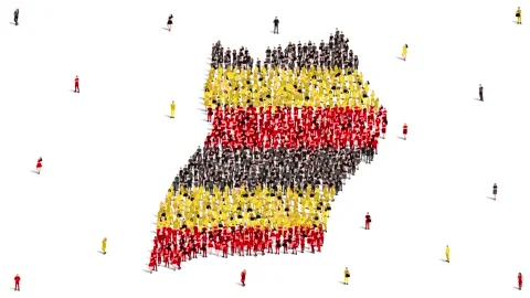 Uganda Map and Flag. A large group of people in the Uganda flag color map. Stock Footage 170474007