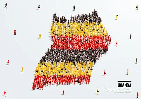 Uganda Map and Flag. A large group of people in the Uganda flag color. Stock Illustration