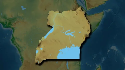Uganda map - extract. Shadow. Physical. Labels Stock Footage 322902192