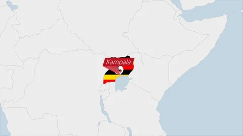 Uganda map highlighted in Uganda flag colors and pin of country capital Kampa Stock Footage 125782797