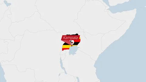 Uganda map highlighted in Uganda flag colors and pin of country capital Kam.. Stock Illustration