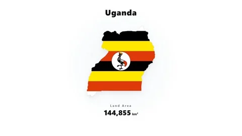 Uganda map silhouette filled with horizontal flag stripes and circular emblem Stock Footage 345647048