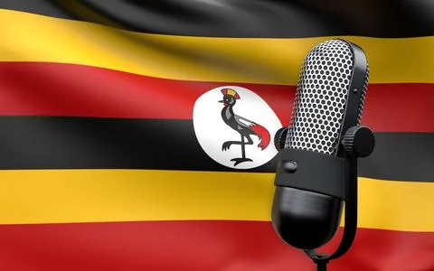 Uganda national flag with microphone composition of voice of truth debate inf Stock Illustration