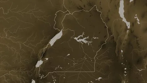 Uganda outlined on a elevation map colored in sepia tones with lakes and rive Stock Illustration