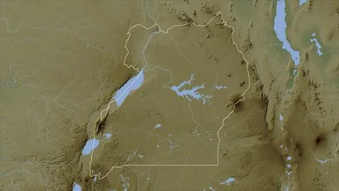 Uganda outlined on a Pale colored elevation map with lakes and rivers Illustrazione stock