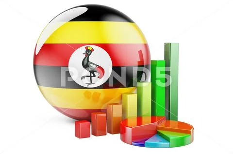 Ugandan flag with growth bar graph and pie chart. Business, finance ...