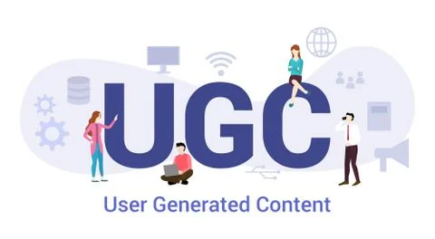 Ugc user generated content concept with big word or text and team people with Stock Illustration