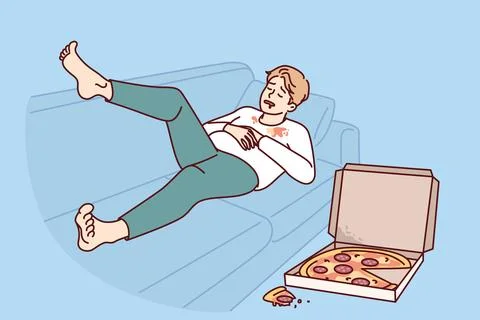 Ugly fat man sleeping on sofa near pizza box for wrong lifestyle concept of Stock Illustration