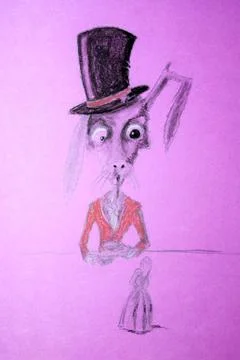 Ugly rabbit in a hat drinking tea. Beside him on the table is Thumbelina. S.. イラスト素材