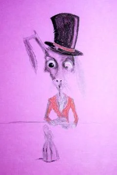 Ugly rabbit in a hat drinking tea. Beside him on the table is Th イラスト素材