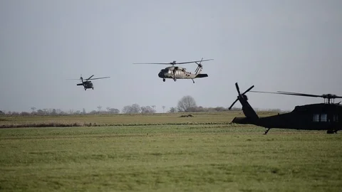 UH-60 Black Hawk flying and ground running at Chièvres Air Base, Belgium Stock Footage 102944408