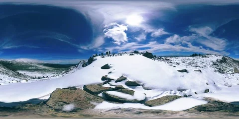 UHD 4K 360 VR of snowy mount top. The sunlight on the peak and ice landscape Stock Footage 128718985