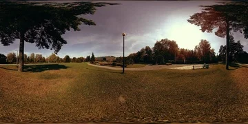 UHD 4K 360 VR Virtual Reality of a city park recreation area. Trees and green Stock Footage 86009638