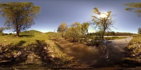 UHD 4K 360 VR Virtual Reality of a river flows over rocks in beautiful mountain Stock Footage 98888379