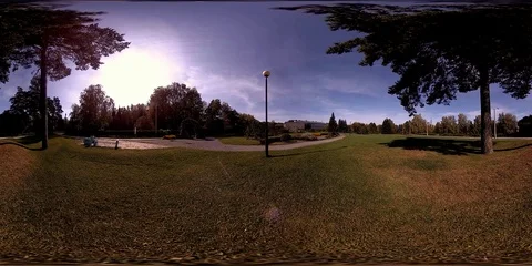 UHD 4K 360 VR Virtual Reality of a city park recreation area. Trees and green Stock Footage 115065852