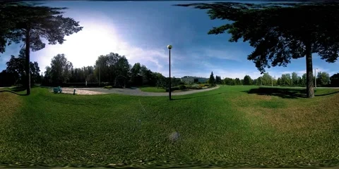 UHD 4K 360 VR Virtual Reality of a city park recreation area. Trees and green Stock Footage 156809075