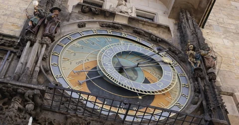 UHD 4K Astronomical Clock Iconic Watch Old Town Square Prague Czech Republic Day Stock Footage 42795200