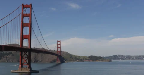 UHD 4K Boat Ship Traffic Famous Golden Gate Bridge San Francisco Bay Pan Left Video stock 33348461
