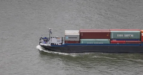UHD 4K Container Cargo Ship Freight China Shipping Floating Ocean Boat Passing Stock Footage 43785182