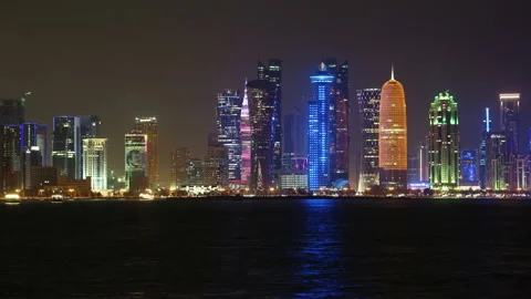 UHD 4K night timelapse of financial centre in Doha city, Qatar Video stock 102252002