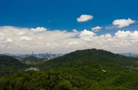 UHD Aerial time lapse view flying over lush green tropical foggy rain forest mou Stock Footage 127631855