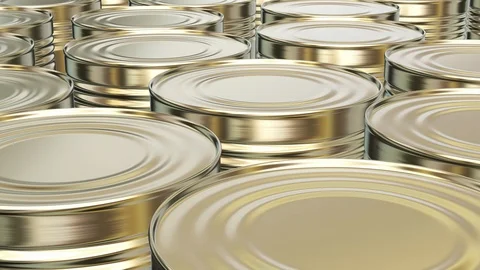 UHD looping 3D animation of the brass food cans Video stock 104172986