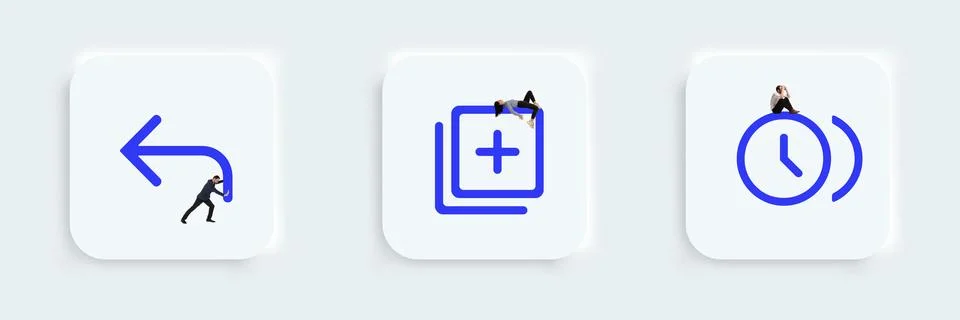 UI actions. Reply, library add, browse gallery icons, buttons for web, computer Stock Photos