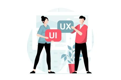 UI and UX design concept with people scene in flat style. Team of designers.. Illustrazione stock