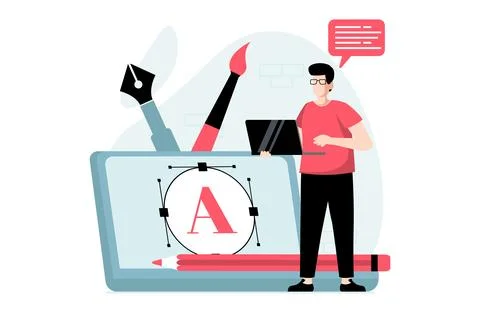 UI and UX design concept with people scene in flat style. Man illustrator d.. Stock Illustration