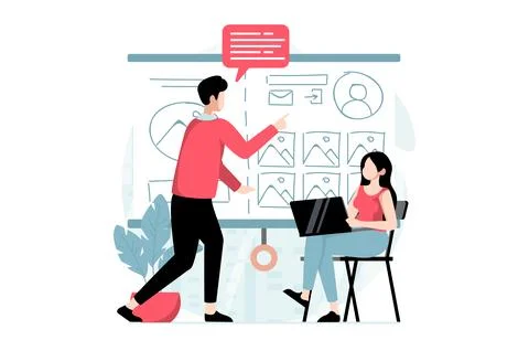 UI and UX design concept with people scene in flat style. Man and woman des.. Stock Illustration