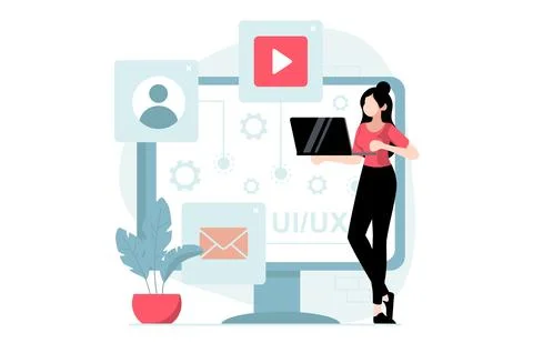 UI and UX design concept with people scene in flat style. Woman work as des.. 스톡 일러스트