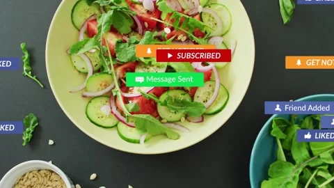 UI badges animating on cursor click, grouping over salad, covering then Stock Footage 333648424