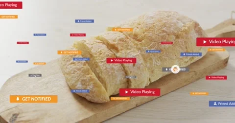 UI badges appearing on cursor tap, signaling playback, fading, leaving loaf with Stock Footage 323336133