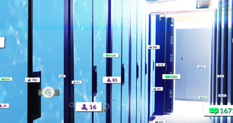 UI badges appearing on server racks on first second, visualizing metrics before Stock Footage 319782796