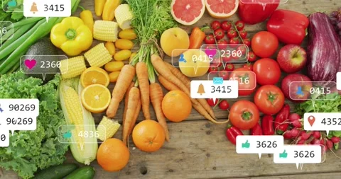 UI badges popping, stacking, drifting over produce, triggered by new likes, Stock Footage 323273423