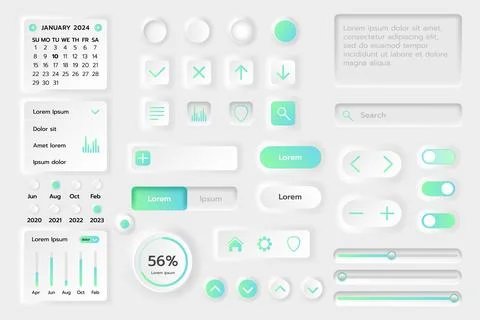 UI button. Kit Neomorphic app isolated elements, calendar UX objects, mobile web Stock Illustration