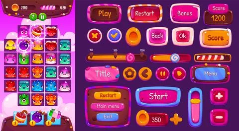 Ui candy match game interface with button and icon Illustrazione stock