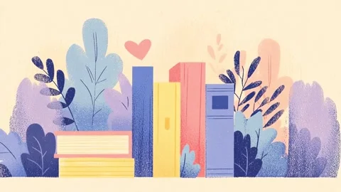 Ui cartoon 2d hand-drawn animated books and planets soft pastel background Video stock 312348594